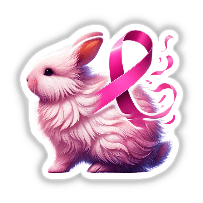 Fluffy Rabbit Pink Ribbon Breast Cancer sticker or digital artwork depicting a cartoon bunny adorned with a pink ribbon.