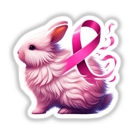 Fluffy Rabbit Pink Ribbon Breast Cancer sticker or digital artwork depicting a cartoon bunny adorned with a pink ribbon.