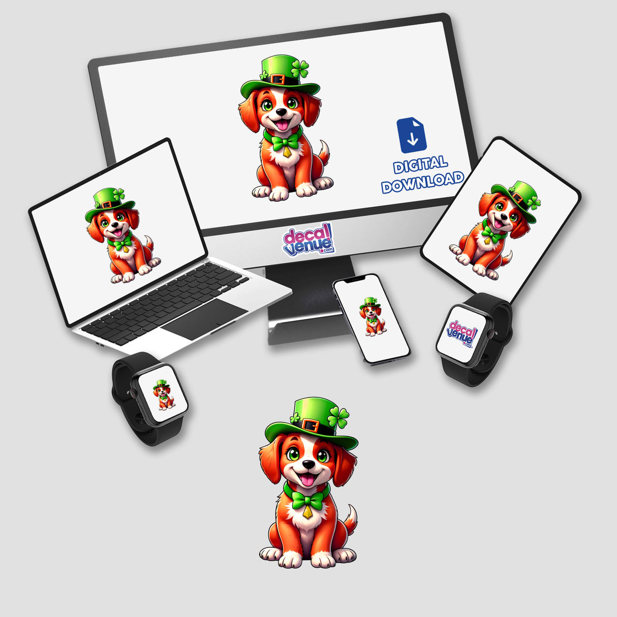 St. Patrick's Day Puppy digital artwork displayed on a computer monitor and laptop, featuring a cartoon dog wearing a hat. Available as stickers or digital art from Decal Venue.