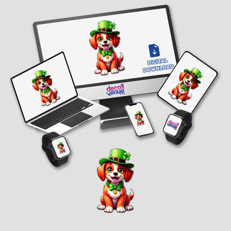 St. Patrick's Day Puppy digital artwork displayed on a computer monitor and laptop, featuring a cartoon dog wearing a hat. Available as stickers or digital art from Decal Venue.