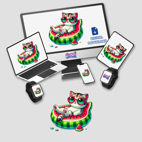 Cat on Watermelon Float digital artwork featuring a cat in sunglasses lounging on a watermelon float, displayed on a computer monitor and laptop. Available as stickers or digital art.