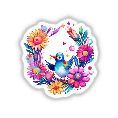 Enchanting Floral Wreath & Bird Sticker - Botanical Nature Scene featuring a vibrant bird amidst colorful flowers, perfect as stickers or digital artwork.