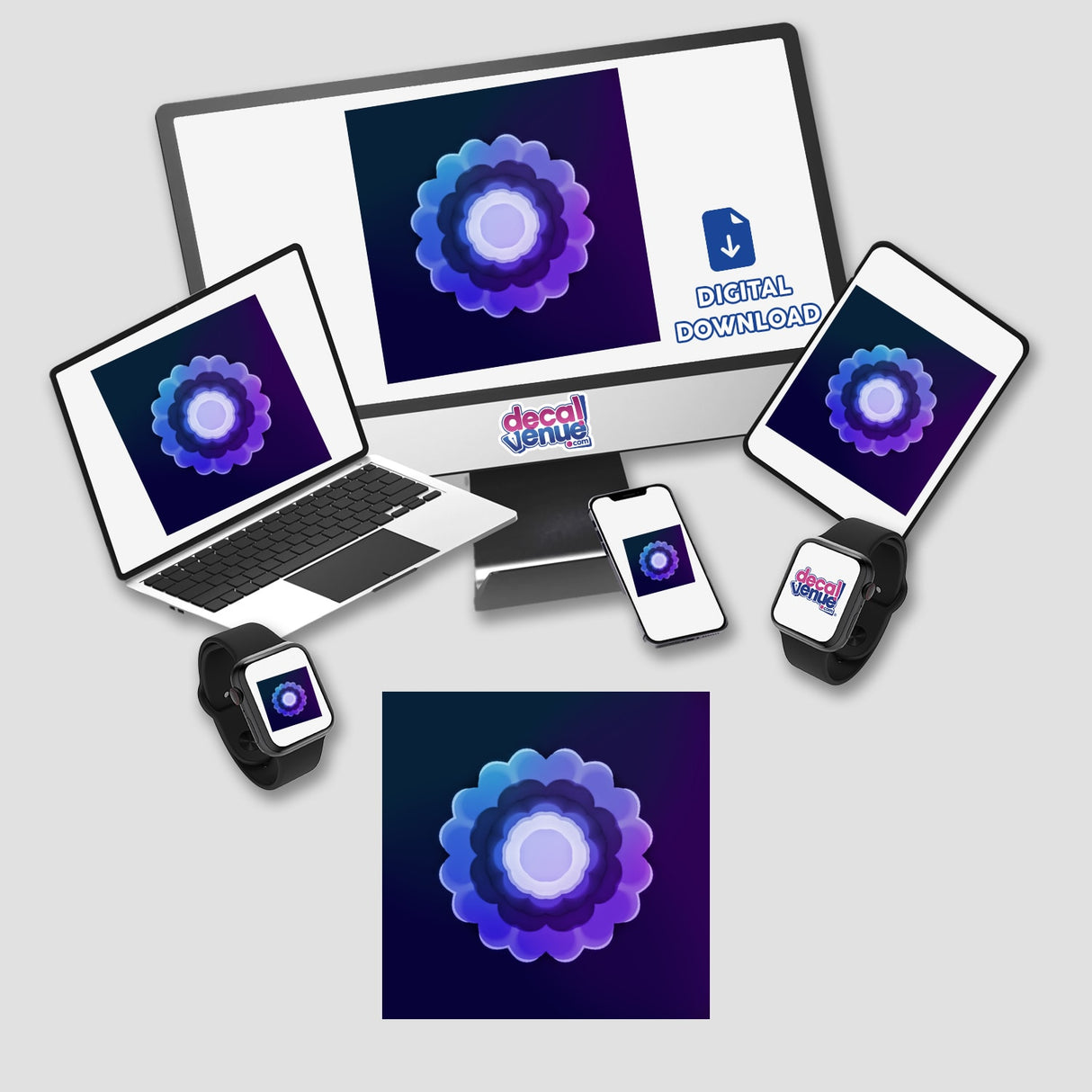 Purple-toned mandala design on digital devices - laptop, smartphone, and smartwatch - showcasing a digital artwork product from Decal Venue.