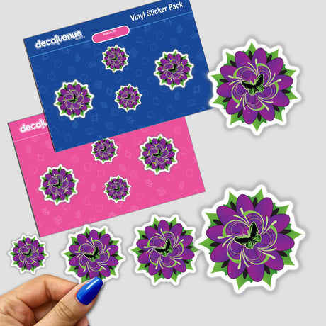 Vibrant purple and green floral digital artwork stickers displayed on a display card from Decal Venue, an online store offering unique stickers and digital art.