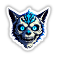 Cartoon illustration of A Cool Undead Cat Skull featuring a stylized skull with prominent blue eyes, available as unique stickers or digital artwork from Decal Venue.