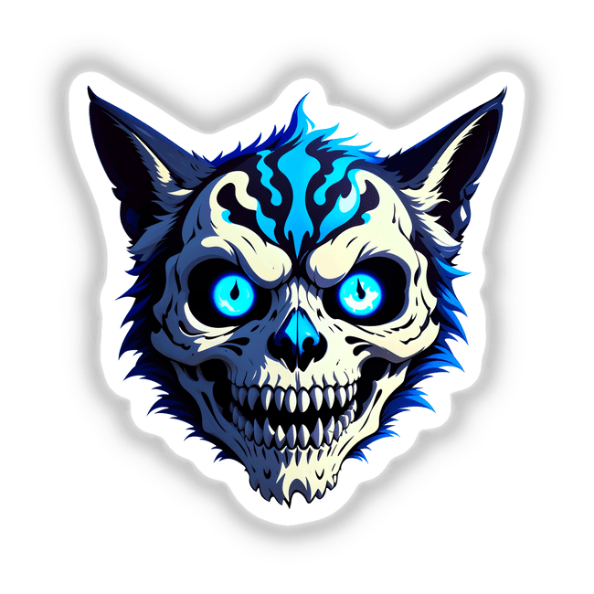 Cartoon illustration of A Cool Undead Cat Skull featuring a stylized skull with prominent blue eyes, available as unique stickers or digital artwork from Decal Venue.