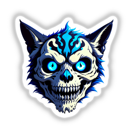 Cartoon illustration of A Cool Undead Cat Skull featuring a stylized skull with prominent blue eyes, available as unique stickers or digital artwork from Decal Venue.