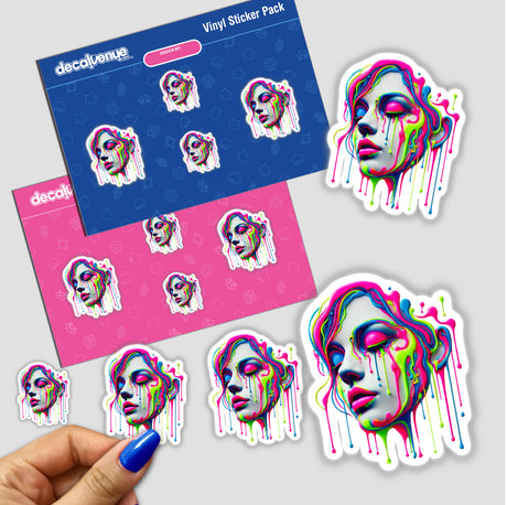 Psychedelic Neon Drip Face sticker features a vibrant, surreal melting woman's face, covered in colorful paint. Available as a unique sticker or digital artwork from Decal Venue.