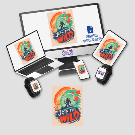 Join The Wild With Bigfoot: a digital artwork featuring a computer monitor and laptop displaying Bigfoot illustrations, available as unique stickers or digital art from Decal Venue.