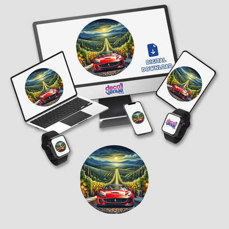 Ferrari driving in Vineyard displayed on a computer monitor and laptop; available as stickers or digital artwork.