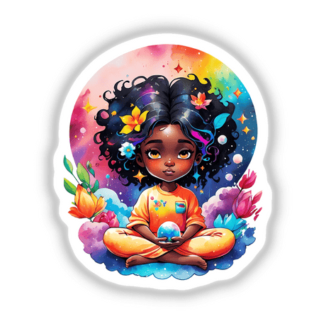 Kawaii Girl Meditating in Space: Adorable Sticker Design featuring a cartoon girl sitting on a cloud with flowers in her hair, in a lotus pose, holding a glowing ball.