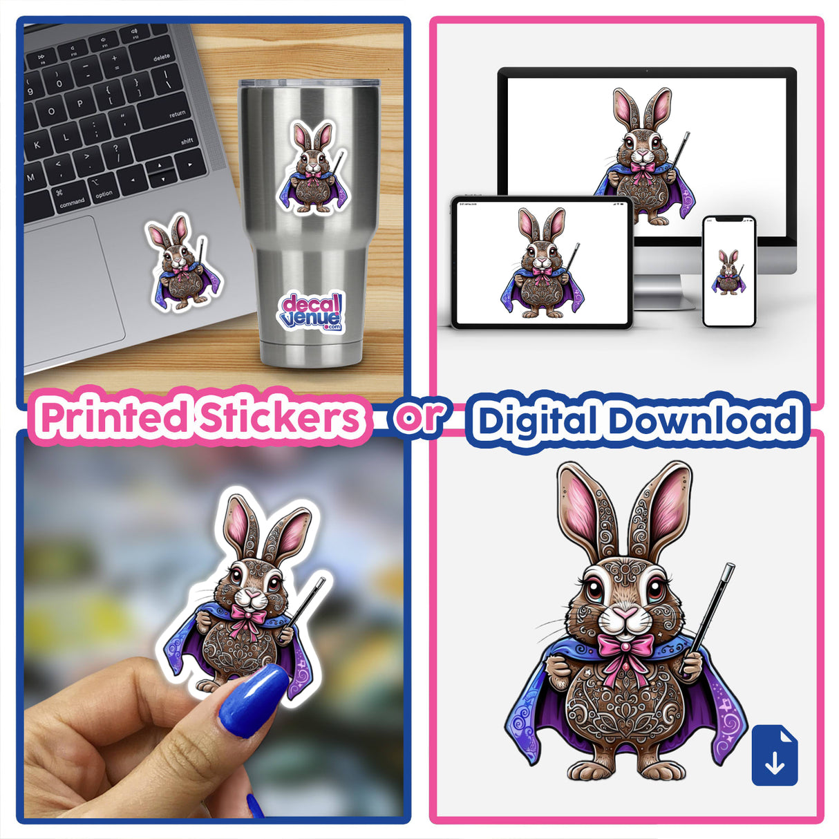 Magical Rabbit with Ornate Patterns and Wizard Accessories depicted in a collage, featuring stickers and digital artwork options, showcasing the playful design offered by Decal Venue.