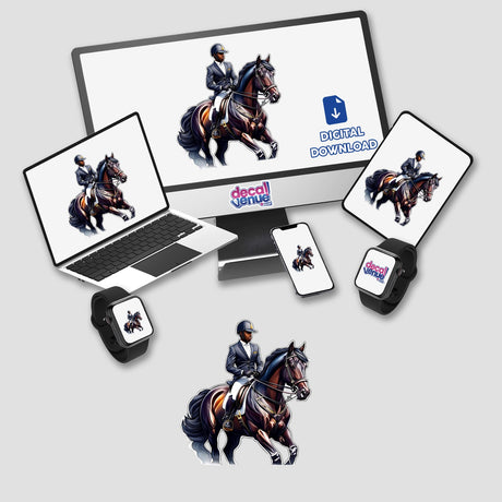 Equestrian rider digital artwork displayed on various devices, including laptop, phone, and smartwatch, from Decal Venue's online store featuring unique stickers and digital art.