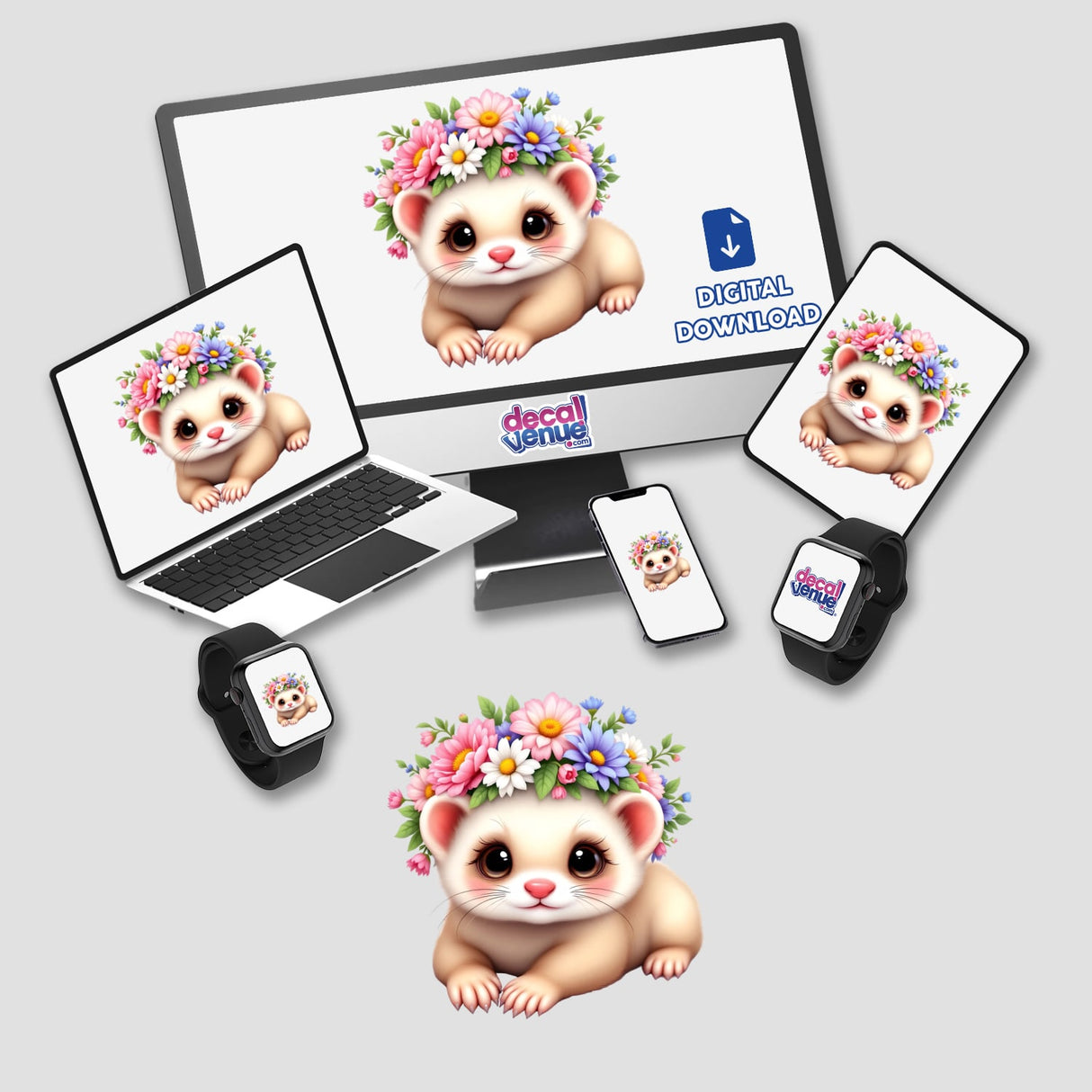 Cute Ferret with a Whimsical Flower Crown displayed on a computer monitor and laptop, ideal for stickers or digital artwork from Decal Venue.