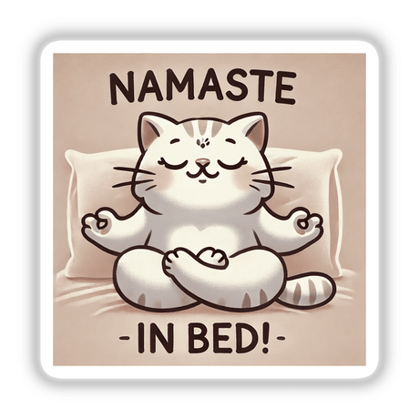 Cartoon cat meditating on a pillow, titled Yoga Cat - Namaste in bed, available as stickers or digital artwork from Decal Venue.