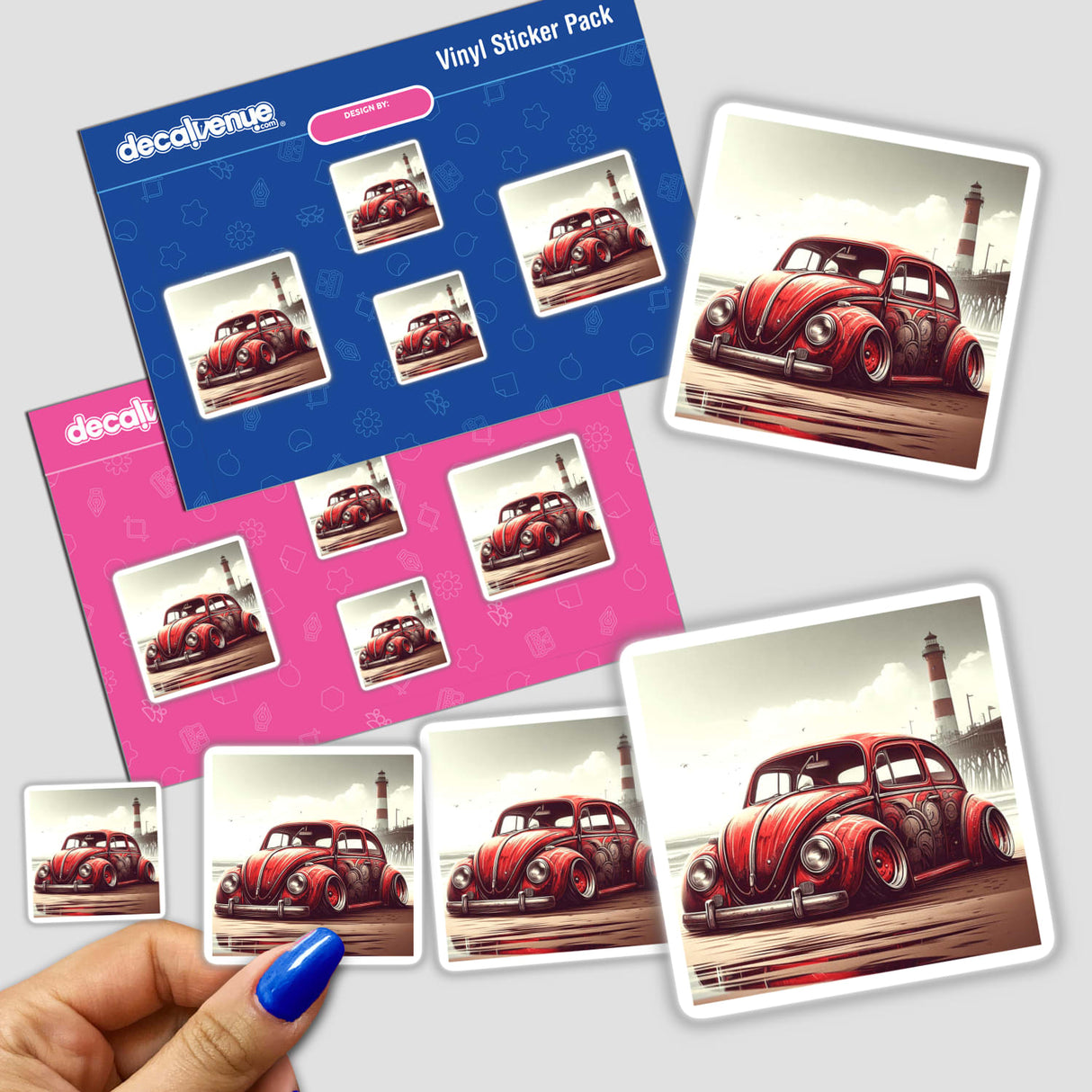 Vintage red Volkswagen Beetle digital artwork displayed on vinyl sticker pack