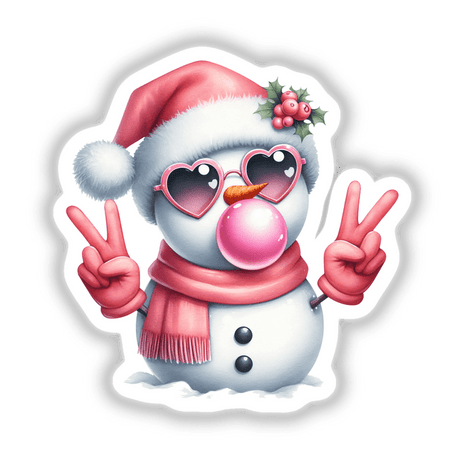 Cool Pink Christmas Snowman Blowing Bubble wearing sunglasses and a hat, available as stickers or digital artwork, showcasing a playful, cartoon-style design perfect for unique decor.