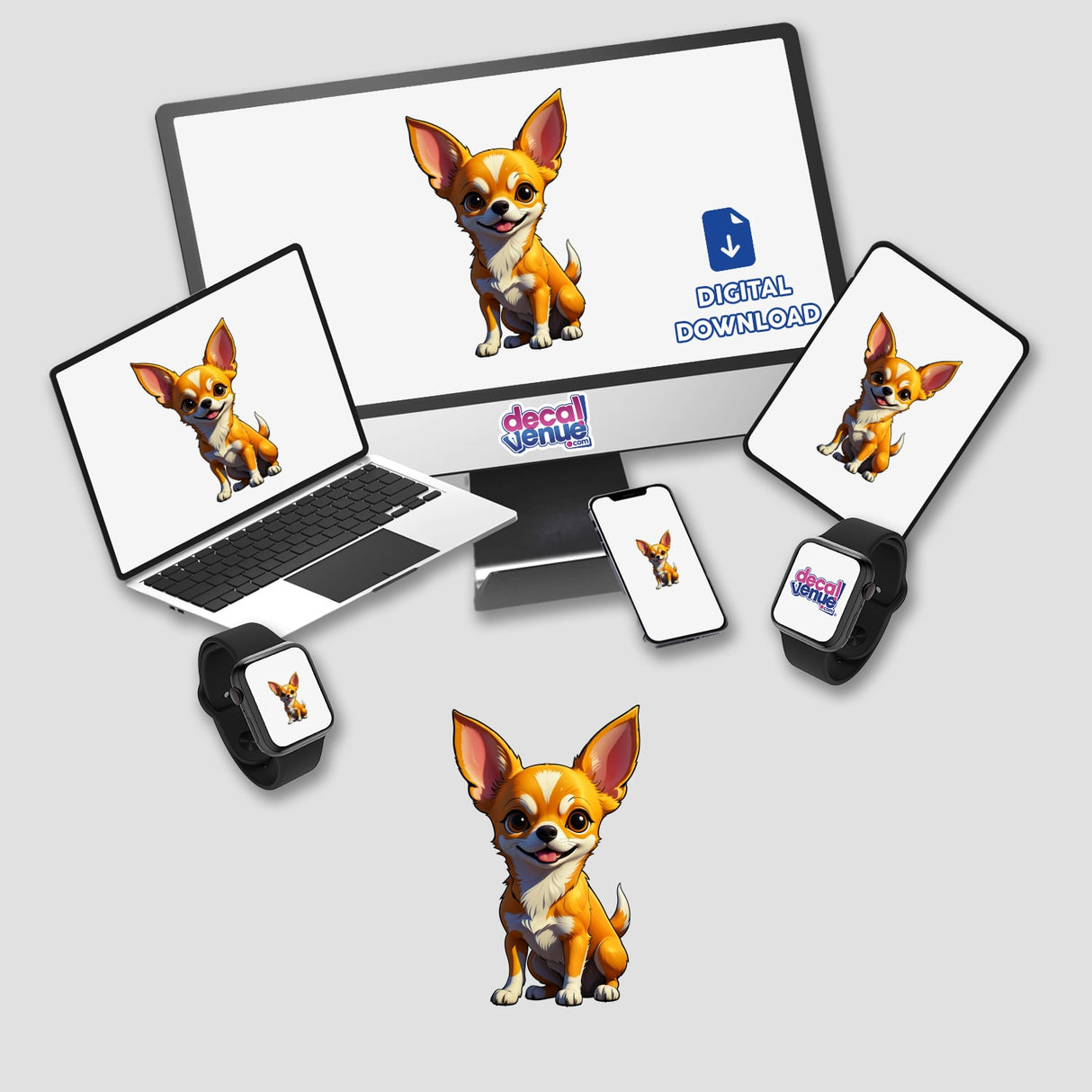 A Cute Chihuahua cartoon displayed on a computer monitor and laptop, available as stickers or digital artwork from Decal Venue.