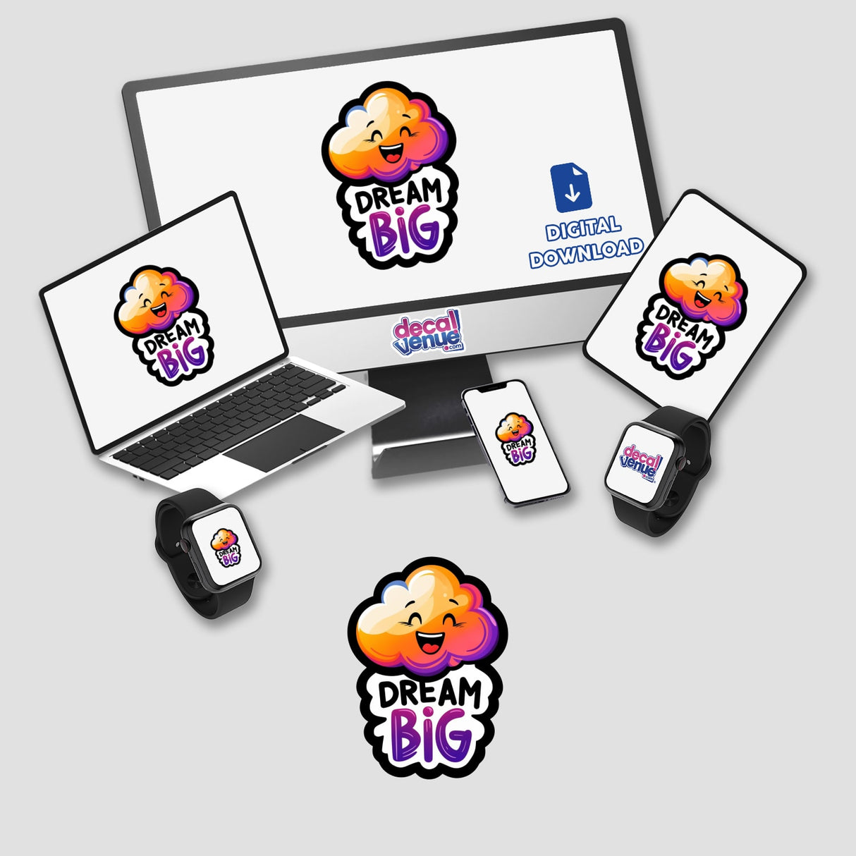 Dream Big Quote with Smiling Gradient Cloud featuring a cartoon cloud logo on a computer monitor and laptop, available as vinyl stickers or digital artwork.