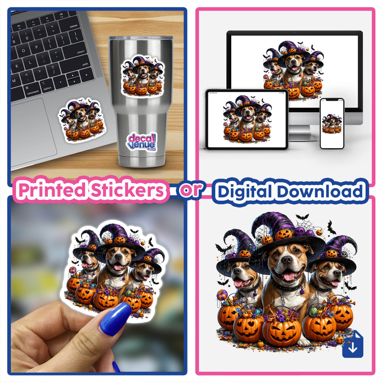 Halloween Pitbull Dogs Trick or Treat Pumpkins sticker collage featuring pitbulls in hats and pumpkins, perfect for laptops. Available as stickers or digital artwork.