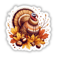 Vibrant digital artwork of an autumn turkey wearing a cozy sweater, surrounded by falling leaves and acorns.