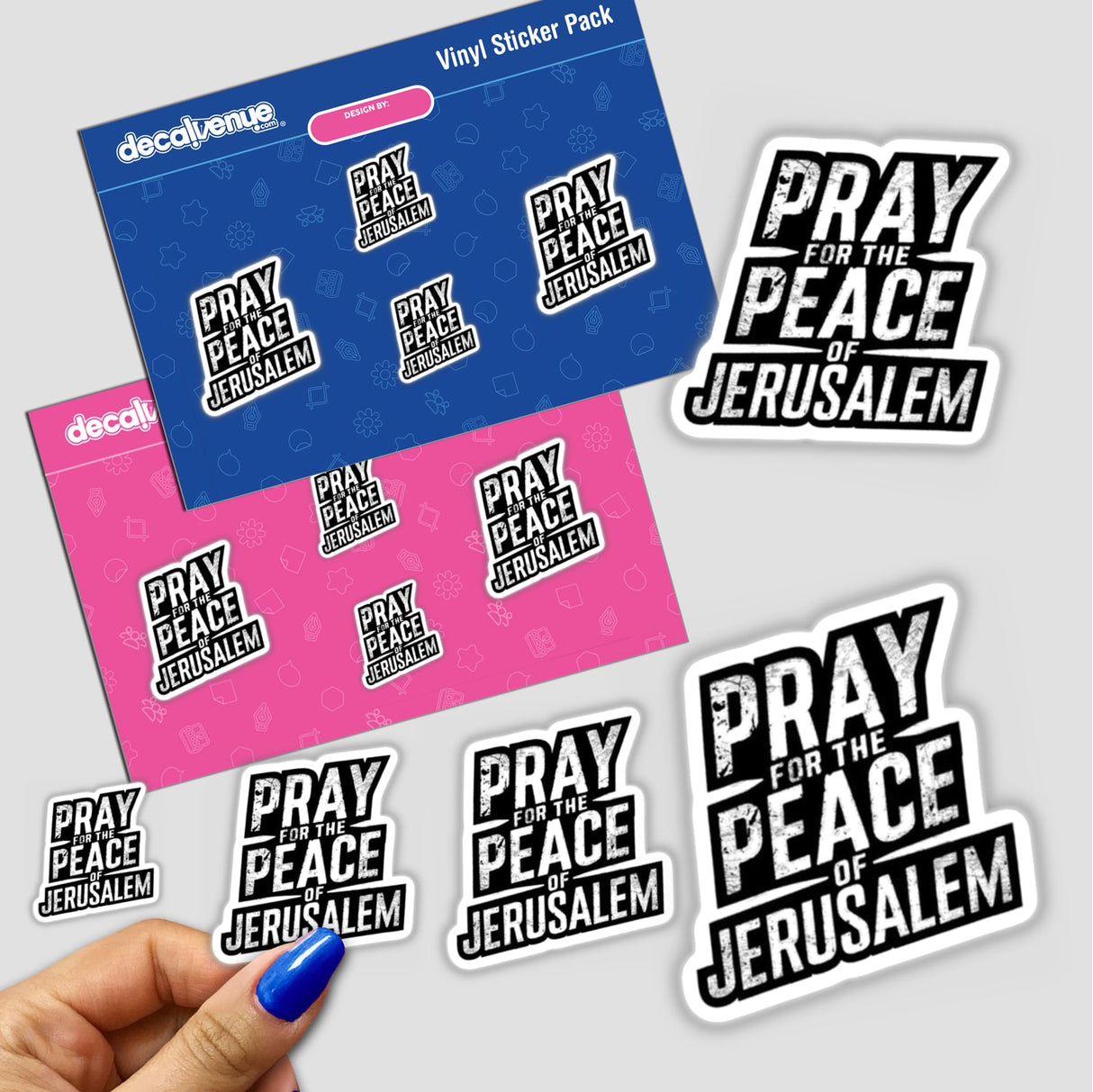 Hand holding Pray for the Peace of Jerusalem - Psalm 122:6 sticker pack, showcasing black and white text designs. Available as stickers or digital artwork for commercial use.