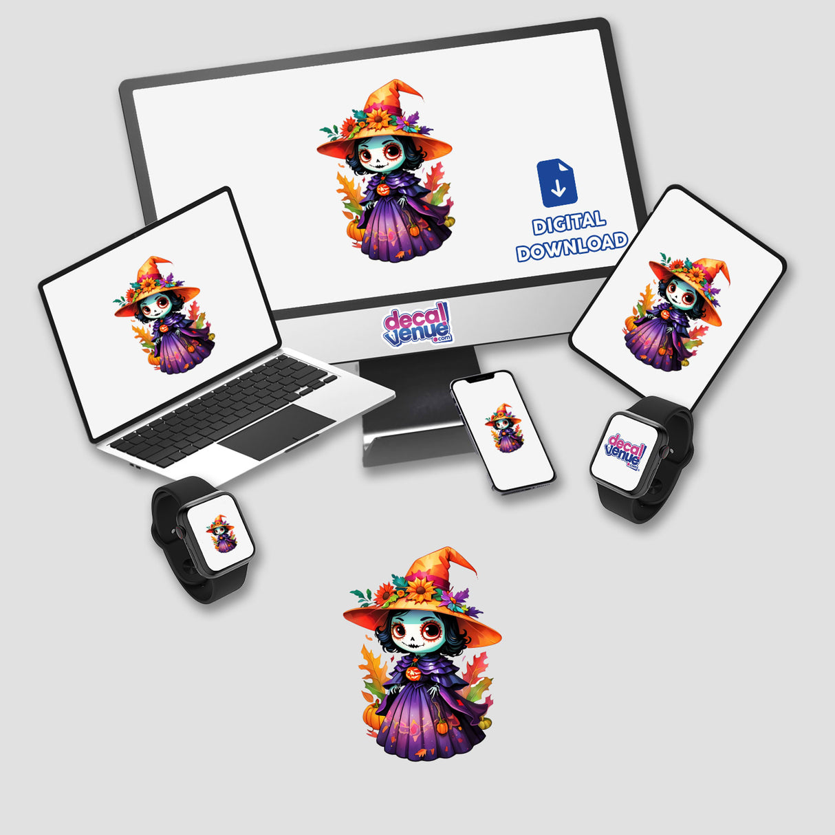 Day of the Dead Witch Queen Sticker Design featuring a computer monitor and laptop displaying vibrant cartoon characters.