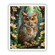 A painting titled A Lovely Owl With Blooming Flowers depicts an owl perched on a branch amidst flowers, available as stickers or digital artwork from Decal Venue.