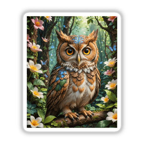 A painting titled A Lovely Owl With Blooming Flowers depicts an owl perched on a branch amidst flowers, available as stickers or digital artwork from Decal Venue.