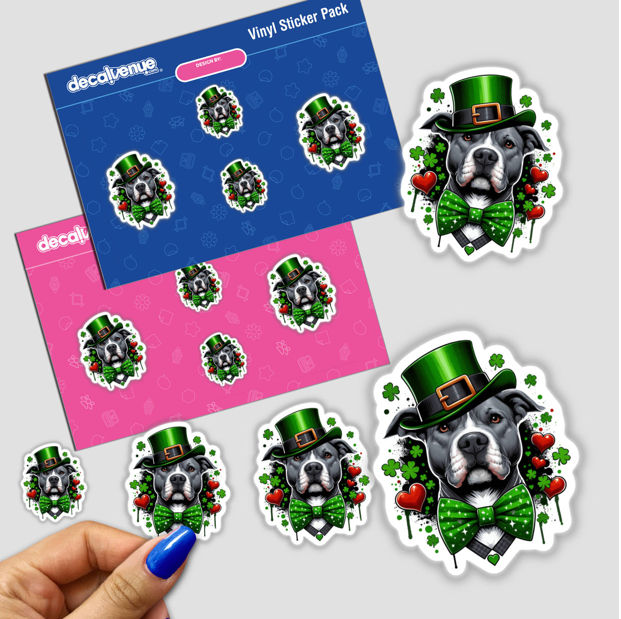 Irish Pitbull with Hearts and Clovers Splatter sticker featuring a dog in a green hat and bow tie, surrounded by clovers, available as vinyl stickers or digital artwork.