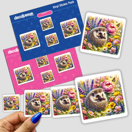 Hedgehog in a Garden Watercolor Illustration stickers featuring hedgehogs amidst vibrant flowers, depicted in a close-up, showcasing intricate details for Decal Venue's unique sticker and digital art collection.