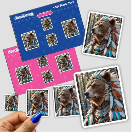 Native American Warrior Bear sticker features a brown bear adorned with a feather headdress. Available as vinyl stickers or digital artwork, highlighting the unique design from Decal Venue.