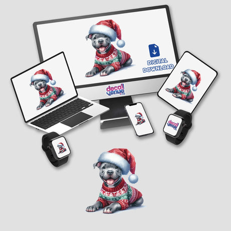 Pitbull Santa Dog in Ugly Christmas Sweater II depicted on a computer monitor and laptop, showcasing a festive dog in a sweater and Santa hat, available as stickers or digital artwork.