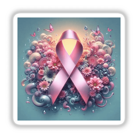 Breast Cancer Silver Series 4 sticker or digital artwork featuring a pink ribbon surrounded by flowers, symbolizing support and awareness.