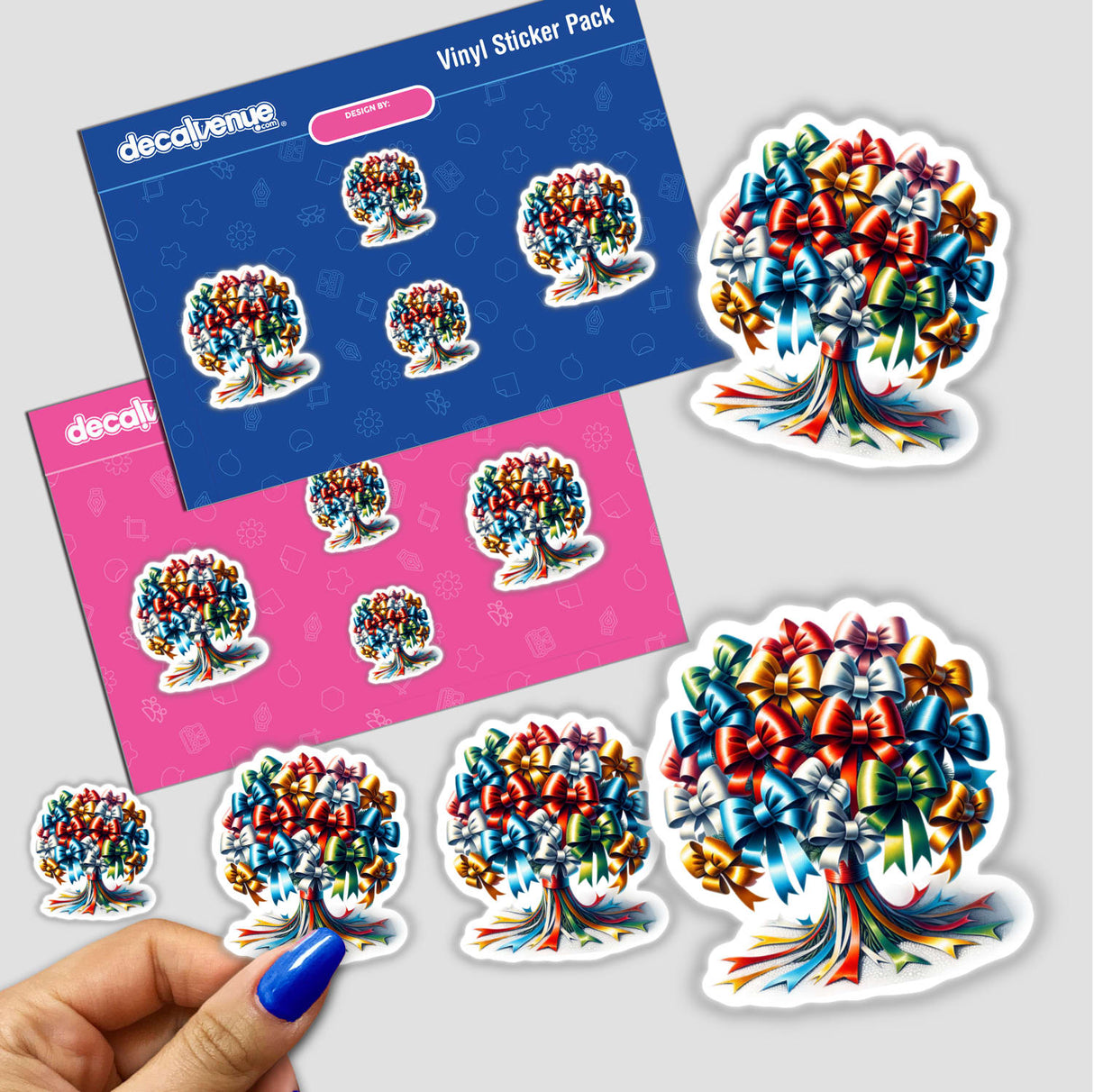 Colorful Coquette Bow Tree Bouquet Stickers - Decorative digital artwork with multicolored bows artistically arranged in the shape of a tree, displayed on a Decal Venue sticker pack.