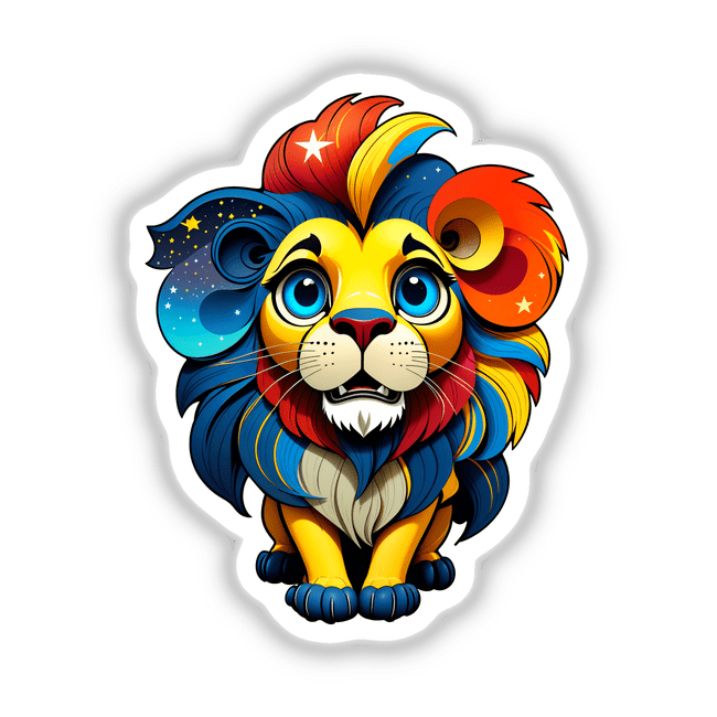 A Cute Little Lion cartoon with a colorful mane and blue eyes, available as stickers or digital artwork, representing Decal Venue's unique collection of playful and vibrant illustrations.