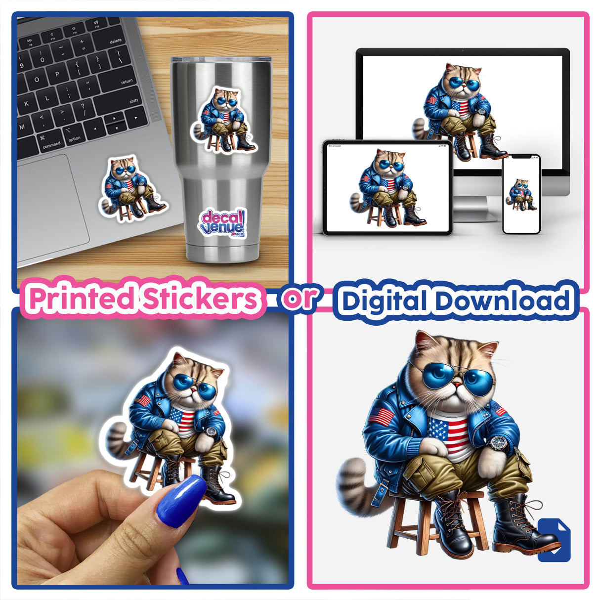 Patriotic leather Persian cat in aviator sunglasses, digital artwork for stickers or downloads, displayed on various digital devices and as a printed sticker.