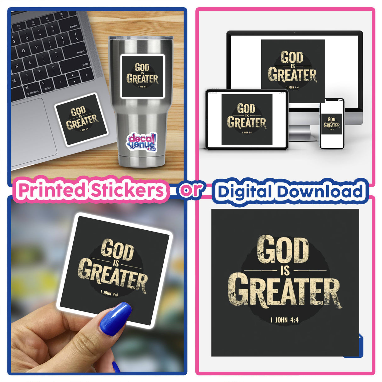 Collage featuring 'God Is Greater - Inspired by 1 John 4:4' uplifting Christian affirmation sticker or clipart, showcasing unique designs available for purchase from Decal Venue.