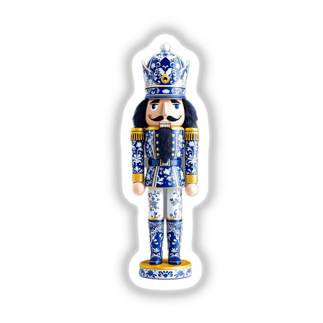 Chinoiserie Style Nutcracker Soldier featuring intricate blue and white floral designs, depicted as a cartoonish art piece, available as stickers or digital artwork from Decal Venue.