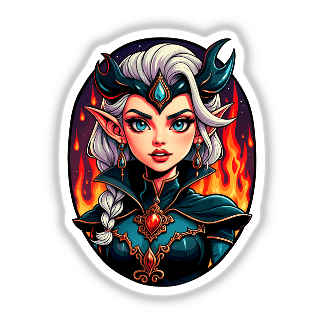 Anime-style illustration of an evil queen girl with white hair, blue crown, and striking features, available as stickers or digital artwork. Perfect for fans of unique vinyl decals.