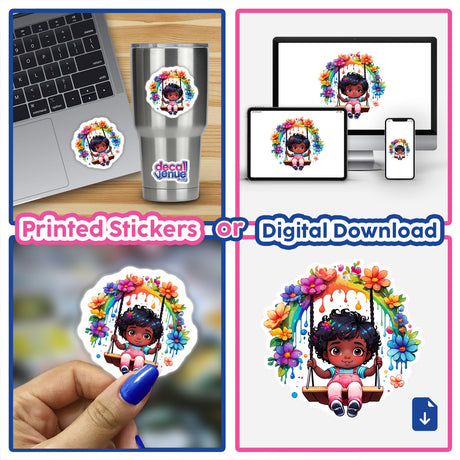 Swinging Splendor: Cute Kid on Swing with Floral Splash collage featuring a girl on a swing, fingernail painting, and various stickers on cups and laptops. Available as Stickers or Digital Artwork.