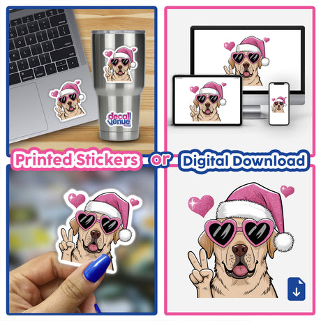 Pink Santa Lab Labrador Dog Peace Sign sticker, featuring a dog in sunglasses and a Santa hat, perfect for laptops or cups. Available as stickers or digital artwork.