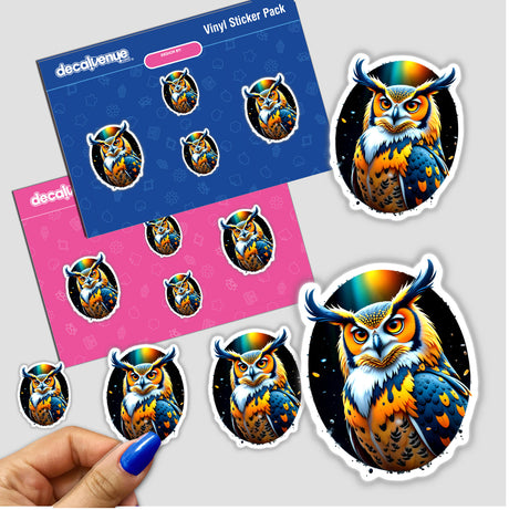 A Cool Hybrid Hawk Owl sticker featuring a cartoon owl with a rainbow background, showcasing unique graphic design. Available as a sticker or digital artwork.