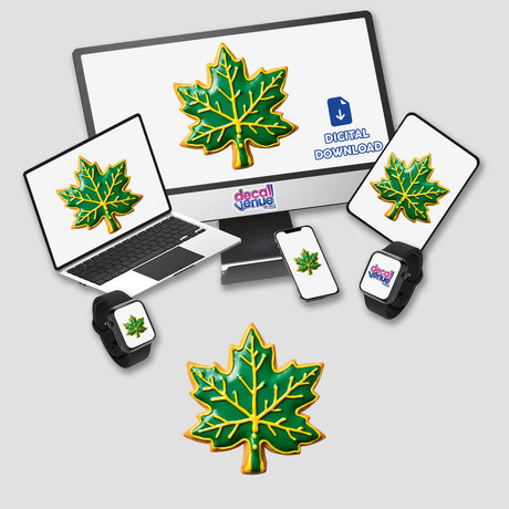 Leaf Shaped Cookie with Green Veins and Yellow Edges displayed on a tablet and alongside a laptop, monitor, cell phone, and smartwatch, each showing a similar green leaf design.