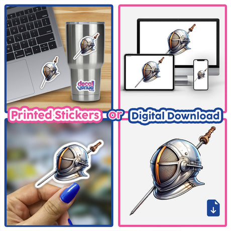 Fencing digital artwork sticker showcased on laptop, tumbler, and mobile devices from Decal Venue store.