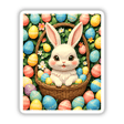 Cute Easter Bunny in a Basket with Eggs sticker or digital art featuring a cartoon bunny nestled among decorated eggs and flowers, ideal for spring-themed decorations from Decal Venue.