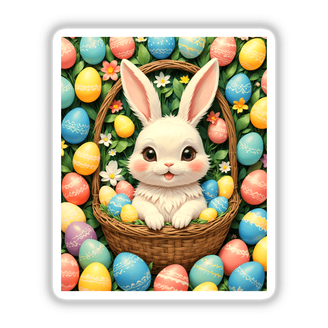 Cute Easter Bunny in a Basket with Eggs sticker or digital art featuring a cartoon bunny nestled among decorated eggs and flowers, ideal for spring-themed decorations from Decal Venue.