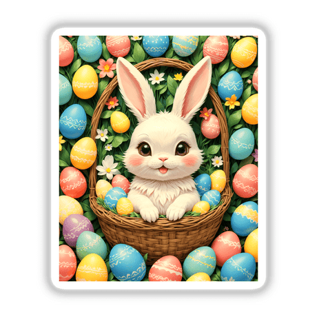 Cute Easter Bunny in a Basket with Eggs sticker or digital art featuring a cartoon bunny nestled among decorated eggs and flowers, ideal for spring-themed decorations from Decal Venue.