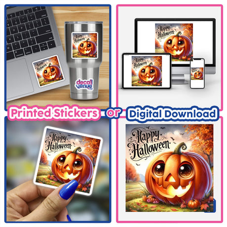 Bronze Halloween Series 1 collage featuring a laptop with a pumpkin sticker, a hand holding a card, and a close-up of a cartoon pumpkin. Available as stickers or digital artwork.