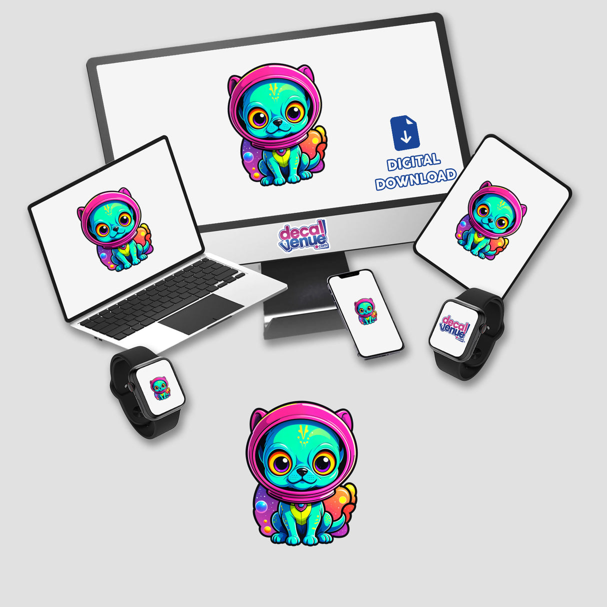 Cute Puppy From Outer Space on computer monitor and laptop screens as cartoon stickers or digital artwork, featuring a helmeted dog character, perfect for Decal Venue's unique collection.